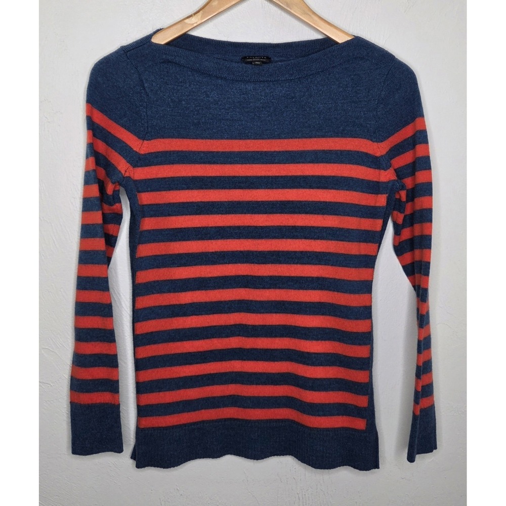Talbots 100% Merino Wool Striped‎ Pullover Sweater Navy Blue Red Small Petite Sp